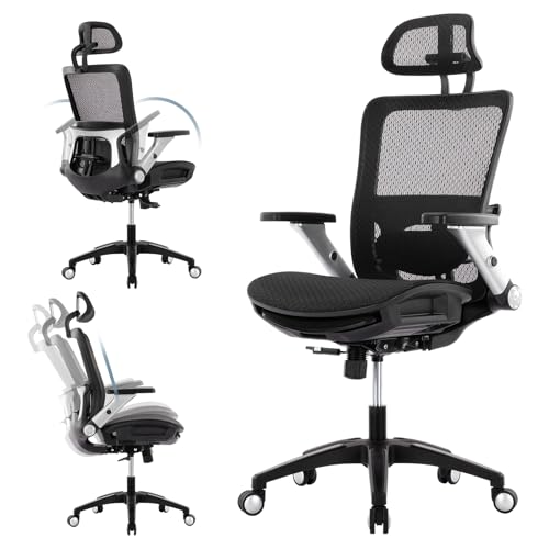 Ergonomic Mesh Office Chair with Footrest, High Back Executive Desk Chair with Adjustable Lumbar Support, Headrest and Tilt Lock, 4D Flip-up Arm-Black