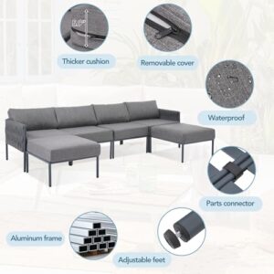 LOUHME 6-Pieces Aluminum Patio Furniture Set, Modern Metal Outdoor Conversation Set Sectional Sofa Set with Removable Olefin Extra Thick Cushions for Outdoor Space, Gray