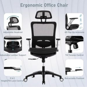 Ergonomic Mesh Office Chair with Footrest, High Back Executive Desk Chair with Adjustable Lumbar Support, Headrest and Tilt Lock, 4D Flip-up Arm-Black