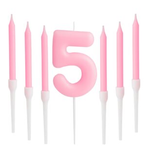 macaron pink birthday candle, number 5 candle with 6 pcs macaron pink short thin birthday candles for cake, pink cake topper for girl women pastel sweet happy birthday party decorations supplies