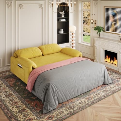 Convertible Pull Out Sofa Couch Bed with Mattress, 54'' Velvet 2-Seater Loveseat Sleeper, Futon Couches Pull Out Bed, Pop Up Daybed Sofa Bed with Storage Pockets for Living Room Small Space (Yellow)