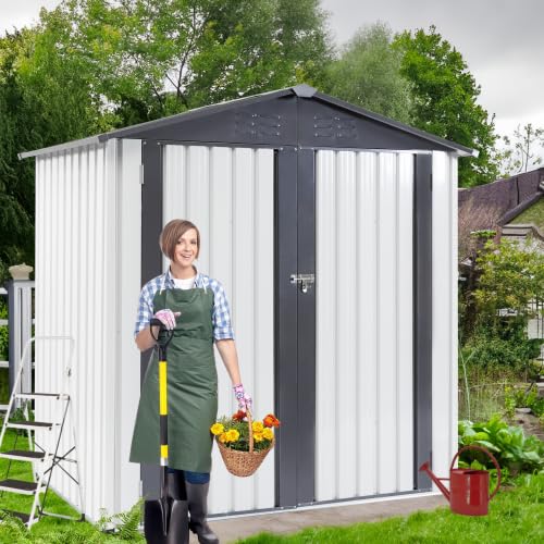 Garden Metal Storage Shed Gray White 6x4x6ft outdoor storing tools Rainproof Hinge door version