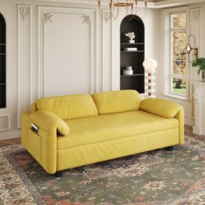 Convertible Pull Out Sofa Couch Bed with Mattress, 54'' Velvet 2-Seater Loveseat Sleeper, Futon Couches Pull Out Bed, Pop Up Daybed Sofa Bed with Storage Pockets for Living Room Small Space (Yellow)