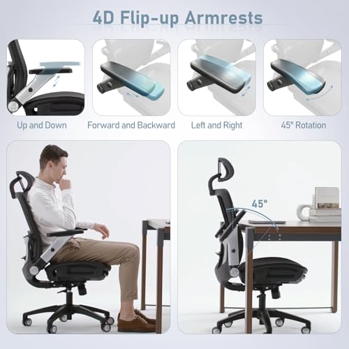 Ergonomic Mesh Office Chair with Footrest, High Back Executive Desk Chair with Adjustable Lumbar Support, Headrest and Tilt Lock, 4D Flip-up Arm-Black