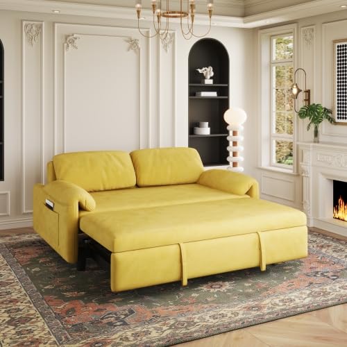 Convertible Pull Out Sofa Couch Bed with Mattress, 54'' Velvet 2-Seater Loveseat Sleeper, Futon Couches Pull Out Bed, Pop Up Daybed Sofa Bed with Storage Pockets for Living Room Small Space (Yellow)