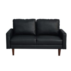 Hybition Faux Leather Loveseat Mid-Century Modern Sofa with Wooden Legs for Living Room, Office-Black