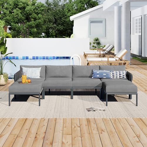 LOUHME 6-Pieces Aluminum Patio Furniture Set, Modern Metal Outdoor Conversation Set Sectional Sofa Set with Removable Olefin Extra Thick Cushions for Outdoor Space, Gray