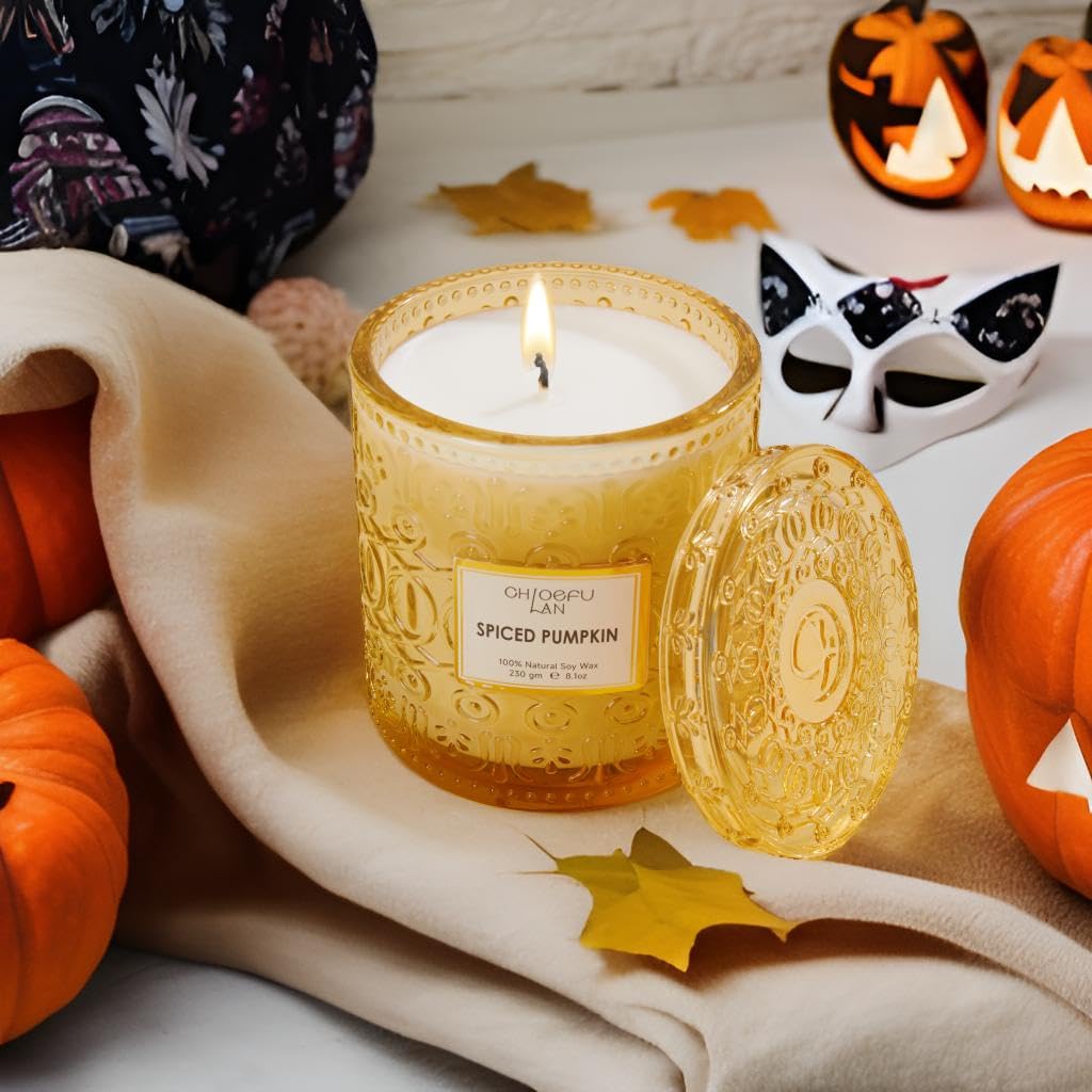 Chloefu LAN Fall Candles for Home Decoration Spiced Pumpkin Scented Candles Halloween Candles Gift, Luxury Scented Soy Jar Autumn Candles with up to 55 Hour Long Lasting, Sweet Home Decor, 8.1 oz