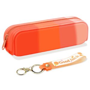 mixvova silicone pencil case, colorful pencil pouch portable pencil bag light waterproof cute school supplies stationery, equipped with key ring and soft rubber leather rope (orange)