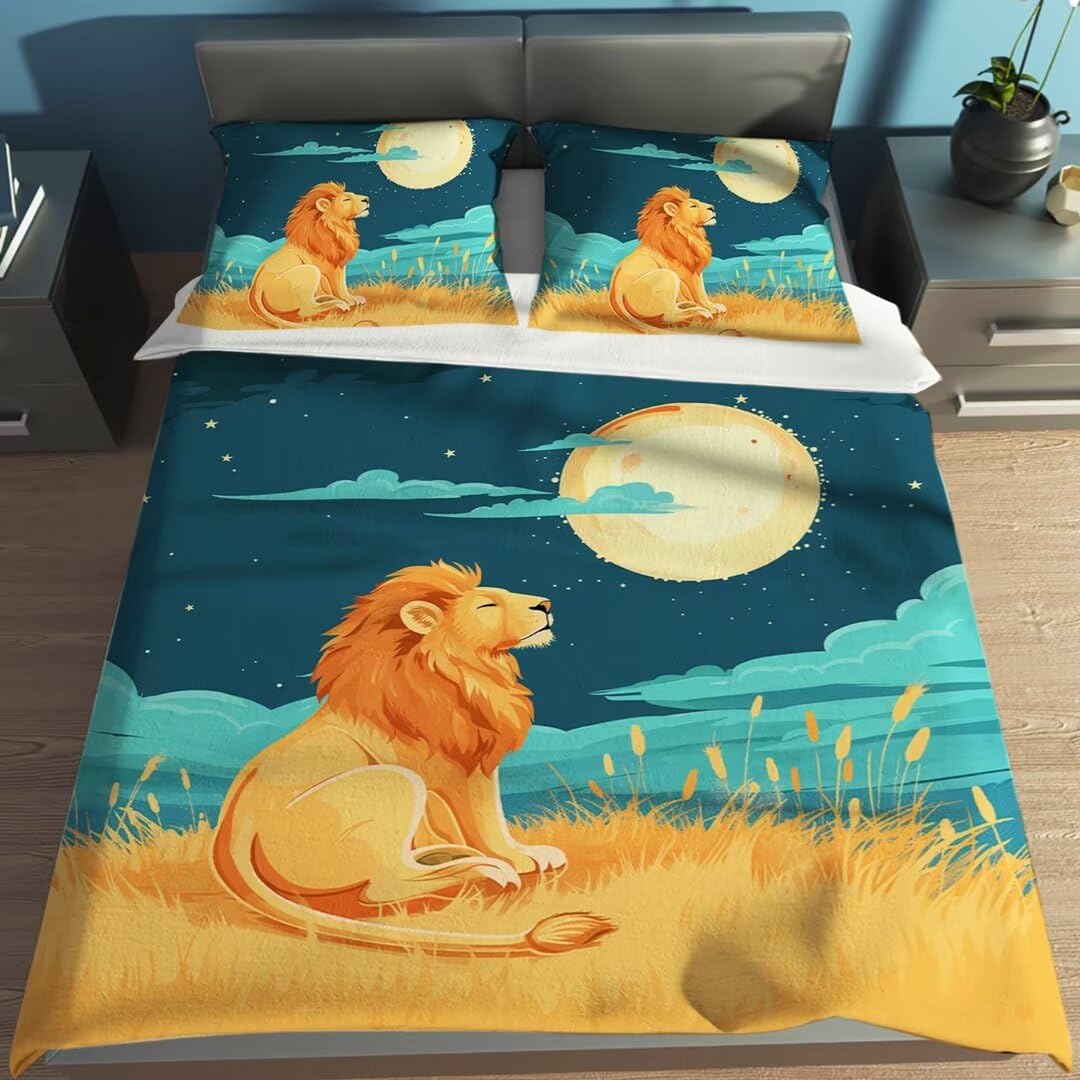 Moinlizy 3D Lonly Lion and Moon Printed Duvet Cover Set Bedding Sets Twin Size with 1 Piece Duvet Cover 2 Pieces Pillow Cases Ultra Durable Microfiber No Comforter