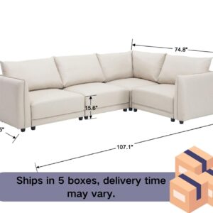 DAYALANE L Shaped Sectional Sofa, PU Leather Modular Covertible Sectional Couch with Arms, Modern Deep 4 Seat Couch Upholstered Sofa for Living Room, Studio, Office, Apartment, Off White