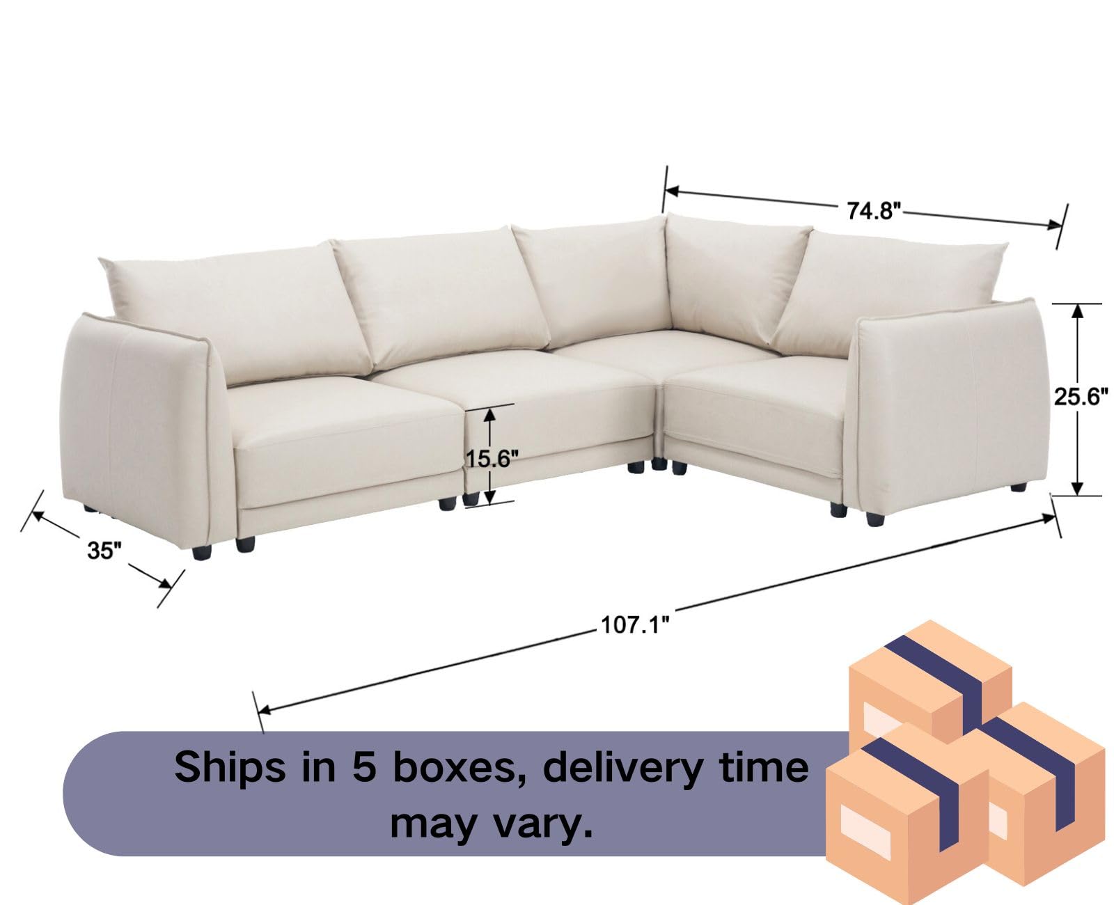 DAYALANE L Shaped Sectional Sofa, PU Leather Modular Covertible Sectional Couch with Arms, Modern Deep 4 Seat Couch Upholstered Sofa for Living Room, Studio, Office, Apartment, Off White