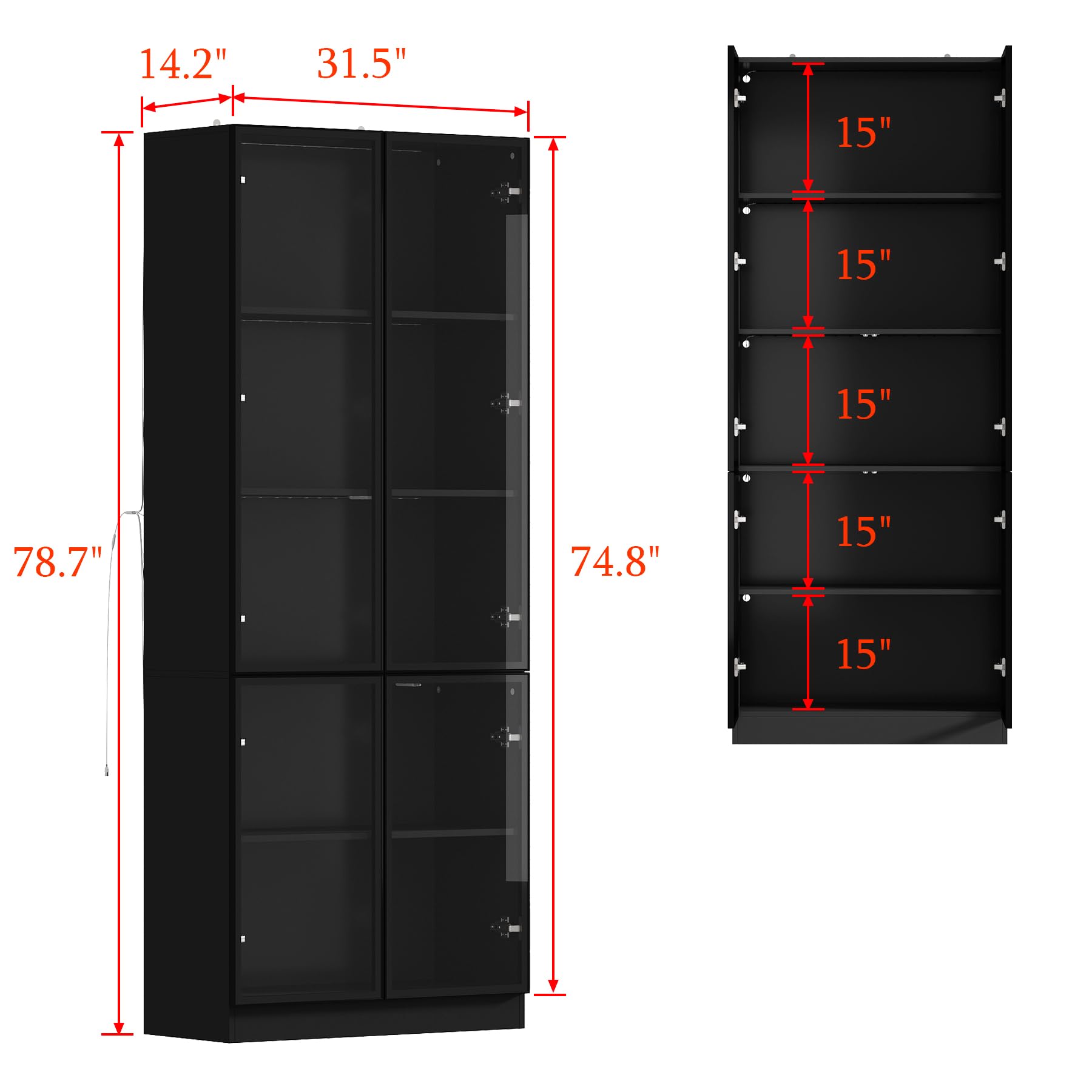 FUNISIR Curio Display Cabinet with Light, 5-Tier Storage Shelves with Pop-up Glass Doors & 3 Color LED Light, Collectibles Cabinet Display Shelf, Bookshelf Showcase for Living Room, Black Glass Door