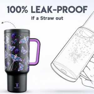 Meoky 40 oz Glow in the Dark Tumbler with Handle and Straw, Tumbler with Lid and Straw, Insulated Stainless Steel Travel Mug, 100% Leak-proof, Keeps Cold for 34 Hours (Butterfly)