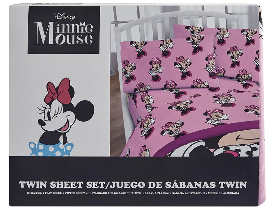 Jay Franco Twin Size Sheet Set 3 Pieces Kids Set (Minnie Mouse), Pink, Black, JF14545