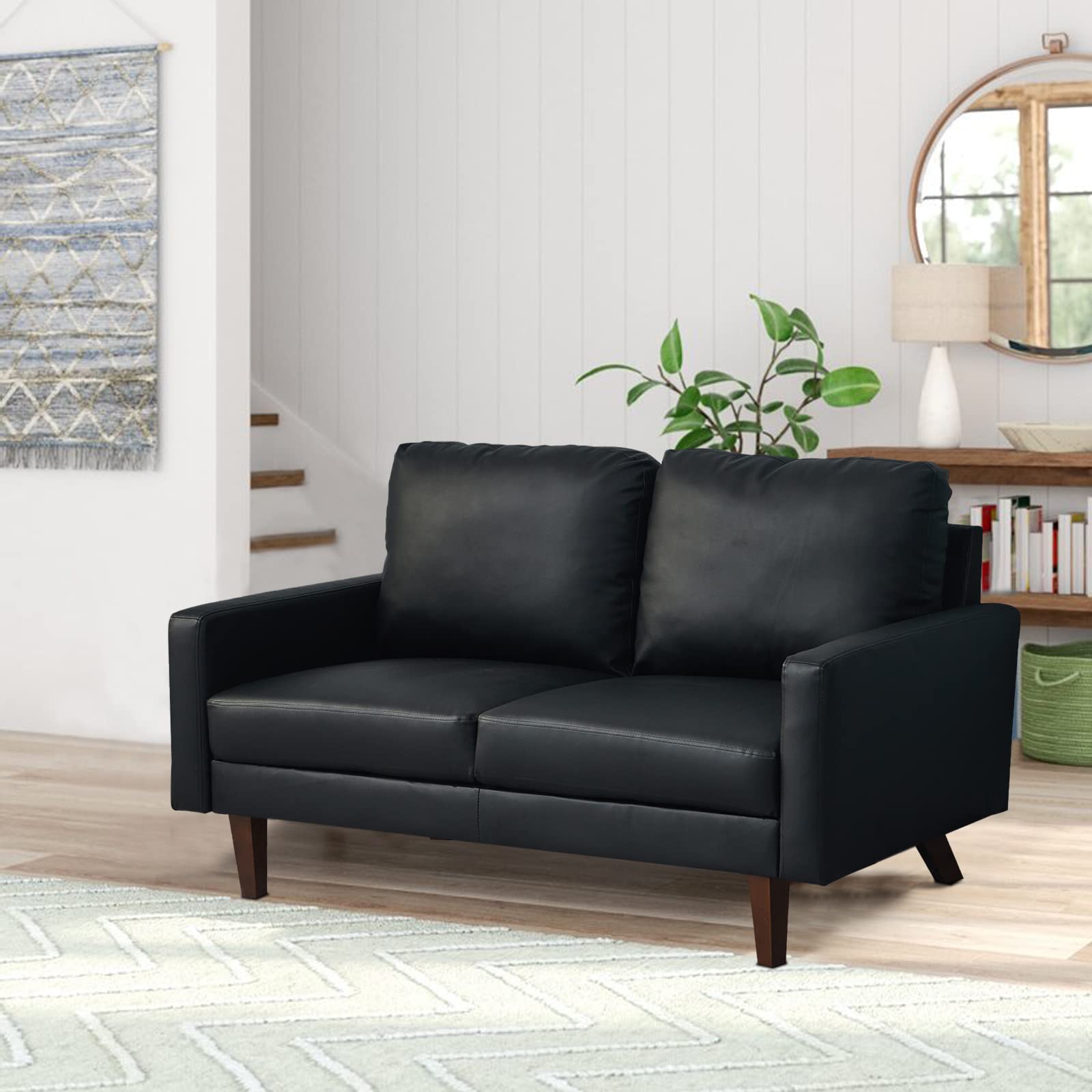 Hybition Faux Leather Loveseat Mid-Century Modern Sofa with Wooden Legs for Living Room, Office-Black