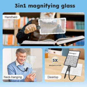 5X Hands Free Magnifying Glass with Light,Large Page Magnifier for Reading,Full Book Page Magnifier with Flexible Gooseneck and 50 Led Lights for Seniors Repair Sewing Newspaper