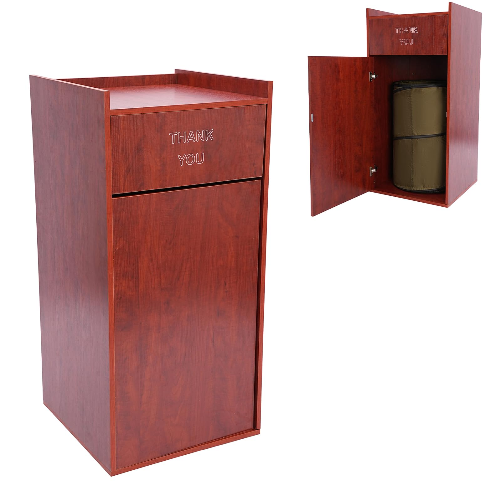 Yellulu Commercial-Grade Trash Receptacle, 27.24Qt Restaurant Fast Food Trash Bin,Wooden Restaurant Trash Can Cabinet | with Tray Top | Swing-Open Door Design | Foldable Canvas Trash Bag | Brown