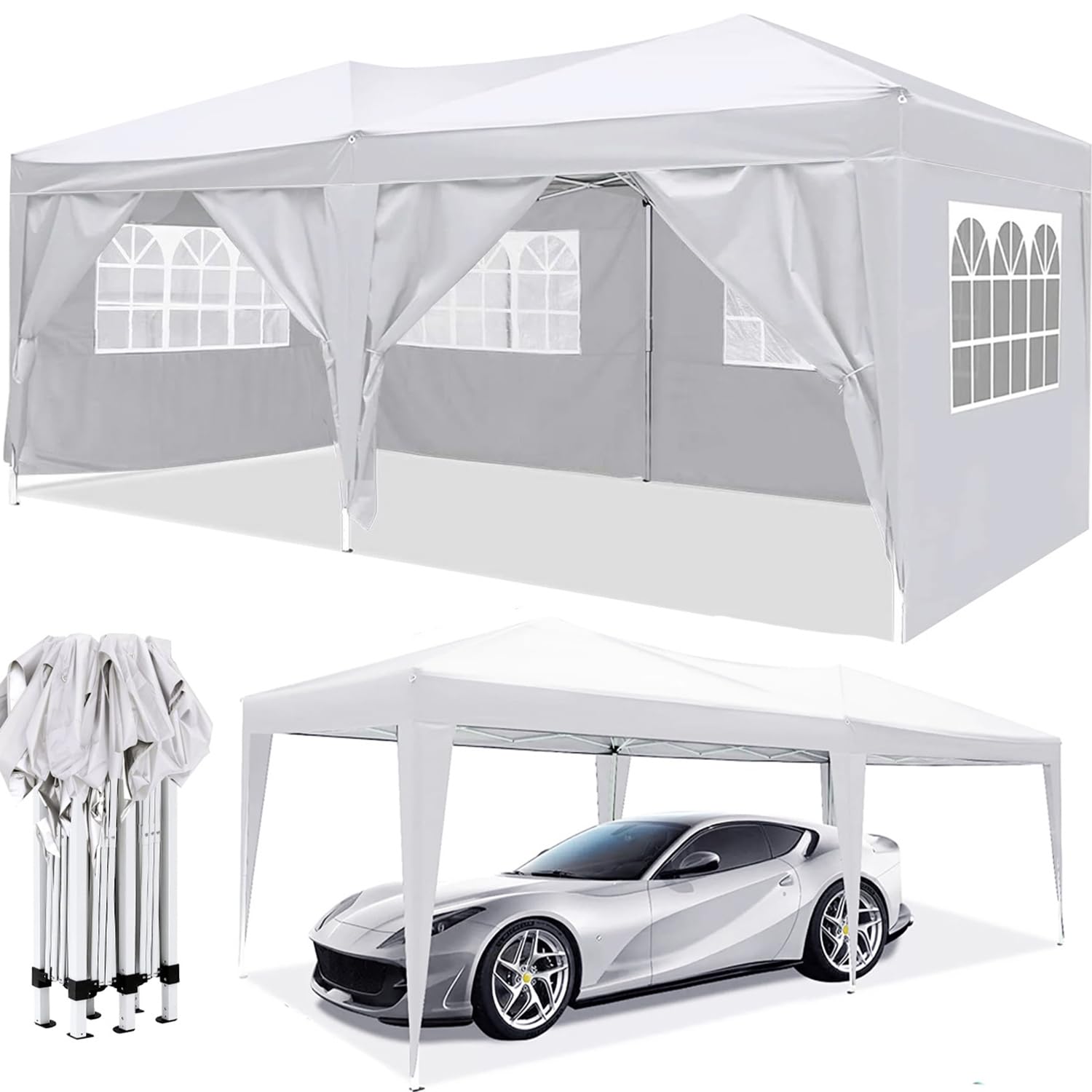 10' x 20' Pop Up Canopy Tent, Outdoor Carport Canopy with 6 Removable Side Walls, Instant Easy up Canopy with Carry Bag & 4 Pcs Weight Bags for Outdoor, Patio, White