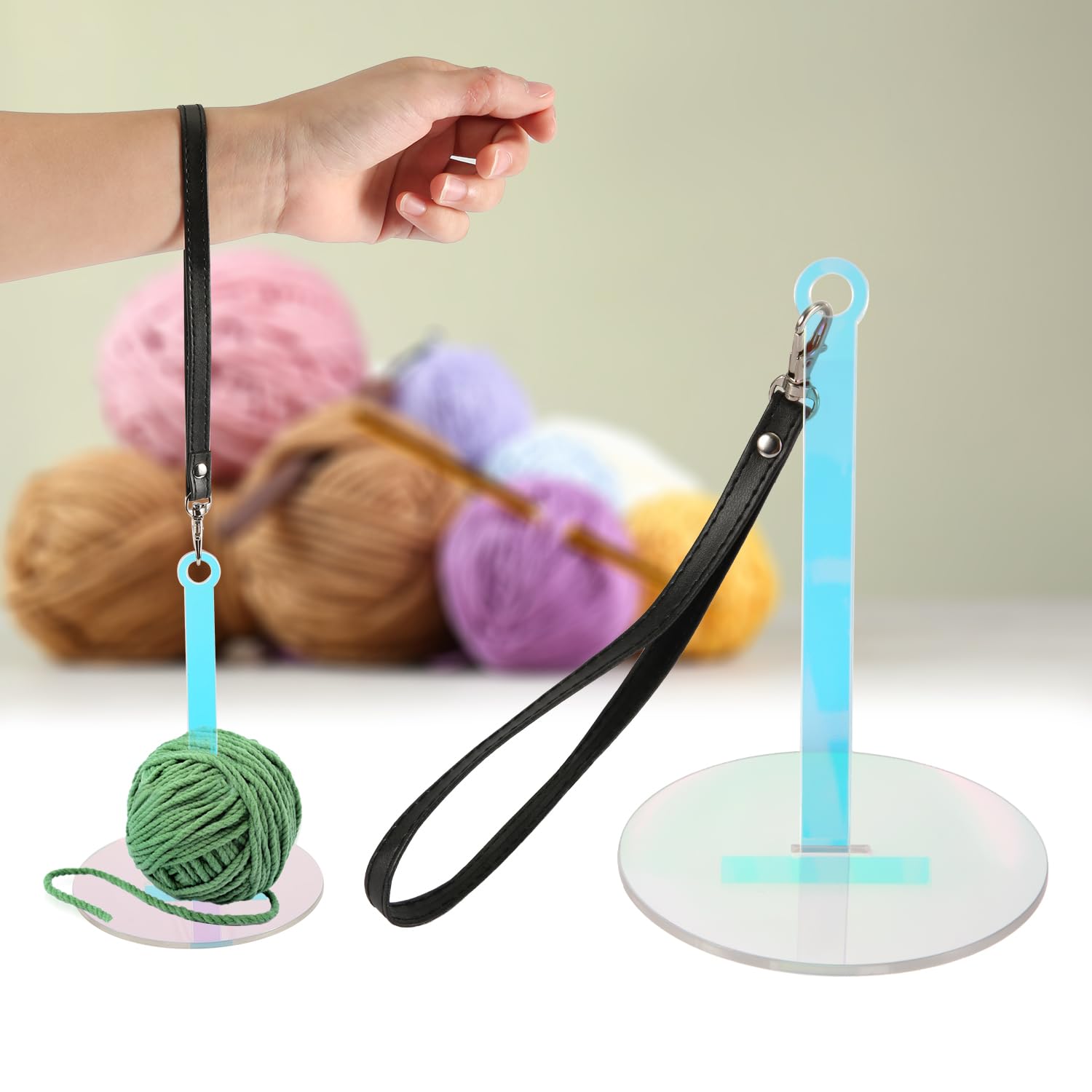 Portable Wrist Yarn Holder, Yarn Holder with Leather Strap Wristband Yarn Minder Organizer Stand Acrylic Yarn Ball Holder Yarn Dispenser Spinner for Knitting Supplies Crocheting Craft Present