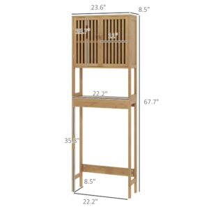 HOMCOM Bamboo Over The Toilet Storage Cabinet, Over Toilet Bathroom Organizer with Slatted Doors, Adjustable Shelf and Open Shelf, Natural