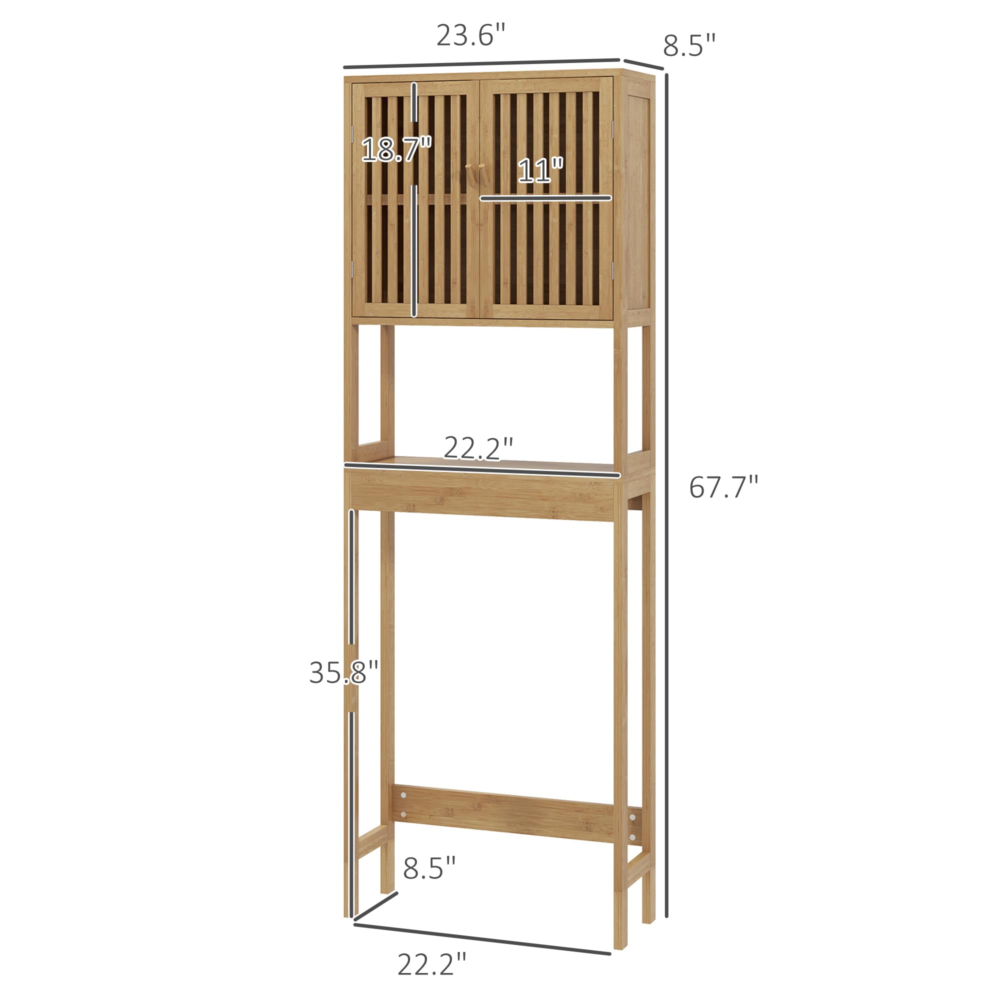 HOMCOM Bamboo Over The Toilet Storage Cabinet, Over Toilet Bathroom Organizer with Slatted Doors, Adjustable Shelf and Open Shelf, Natural