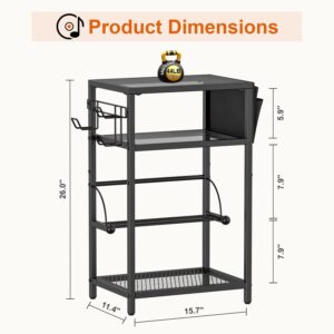 Snughome 4-Tier AV Media Stand, Audio Video Rack with 3 Hooks and Fabric Bags, DVD Video Game Storage Shelves Record Player Stand Entertainment Center Stand Media Stereo Cabinet