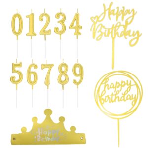 chanseen 13pcs gold birthday cake candles topper crown set - gold number candles 0 1 2 3 4 5 6 7 8 9, 2pcs gold birthday cake toppers and gold birthday paper crown hat for decoration party celebration