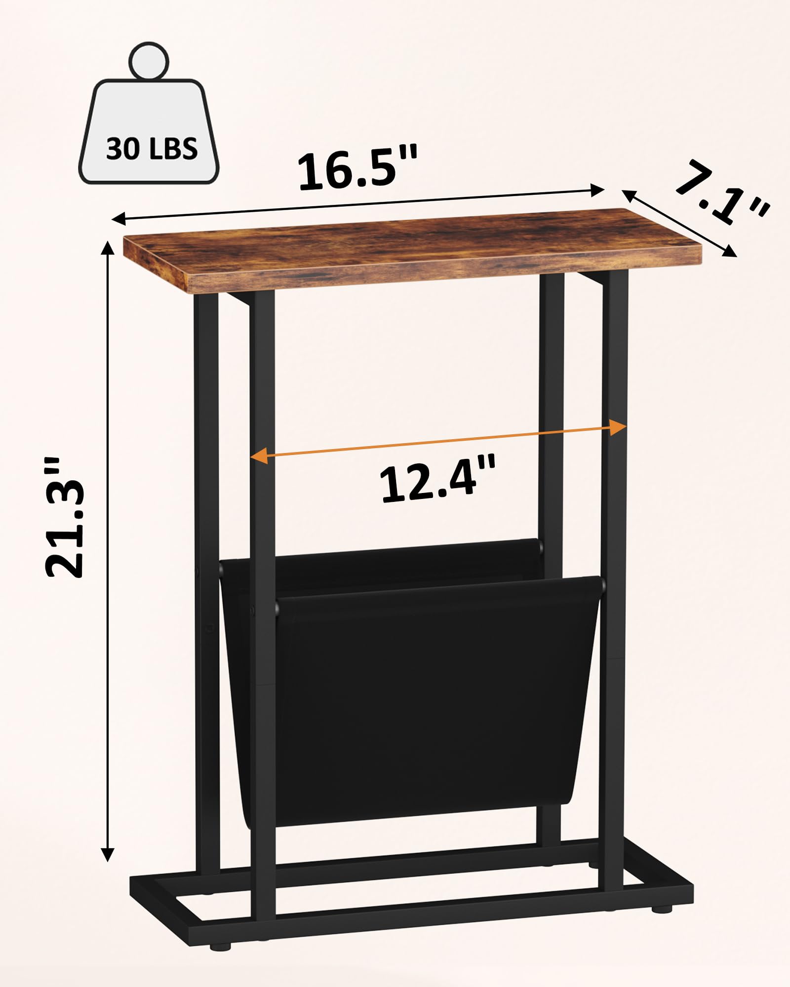 Narrow Side Table for Small Spaces, Small End Table with Magazine Holder Table, Skinny Slim Little Thin Table for Living Room, Bedroom, Sofa, Rustic Brown