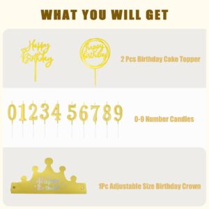 Chanseen 13Pcs Gold Birthday Cake Candles Topper Crown Set - Gold Number Candles 0 1 2 3 4 5 6 7 8 9, 2Pcs Gold Birthday Cake Toppers and Gold Birthday Paper Crown Hat for Decoration Party Celebration