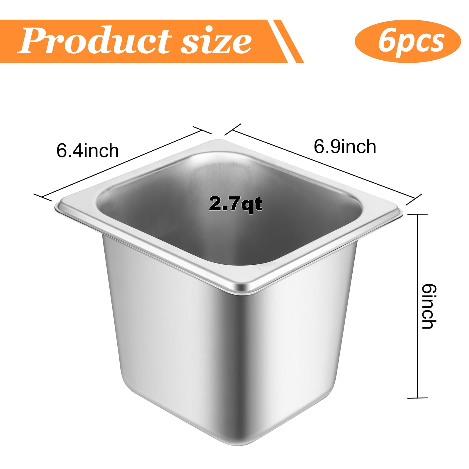 6 Set Hotel Pan 1/6 Size 6 Inch Deep Stainless Steam Table Pans with Lids Stackable Commercial Anti Jam Metal Steam Tray Catering Food Storage Steel Pan for Hotel Restaurant Buffet Party Supplies