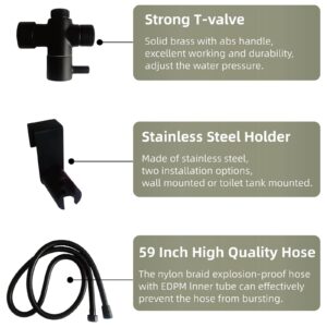 Handheld Bidet Sprayer for Toilet, Stainless Steel Leak Free T-Valve & Adjustable Jet Spray, Feminine Hygiene, Shower Sprayer for Pet, Wall or Toilet Mount Superior Complete Accessories (Black)