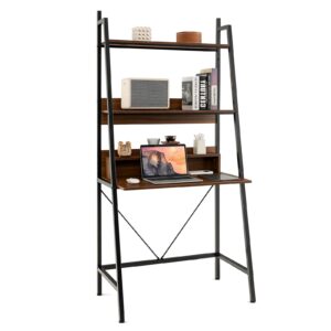 goflame 71” high ladder desk, freestanding laptop desk with open shelves, 3-tier ladder shelf computer desk, anti-tipping kits, ideal for living room bedroom study, brown