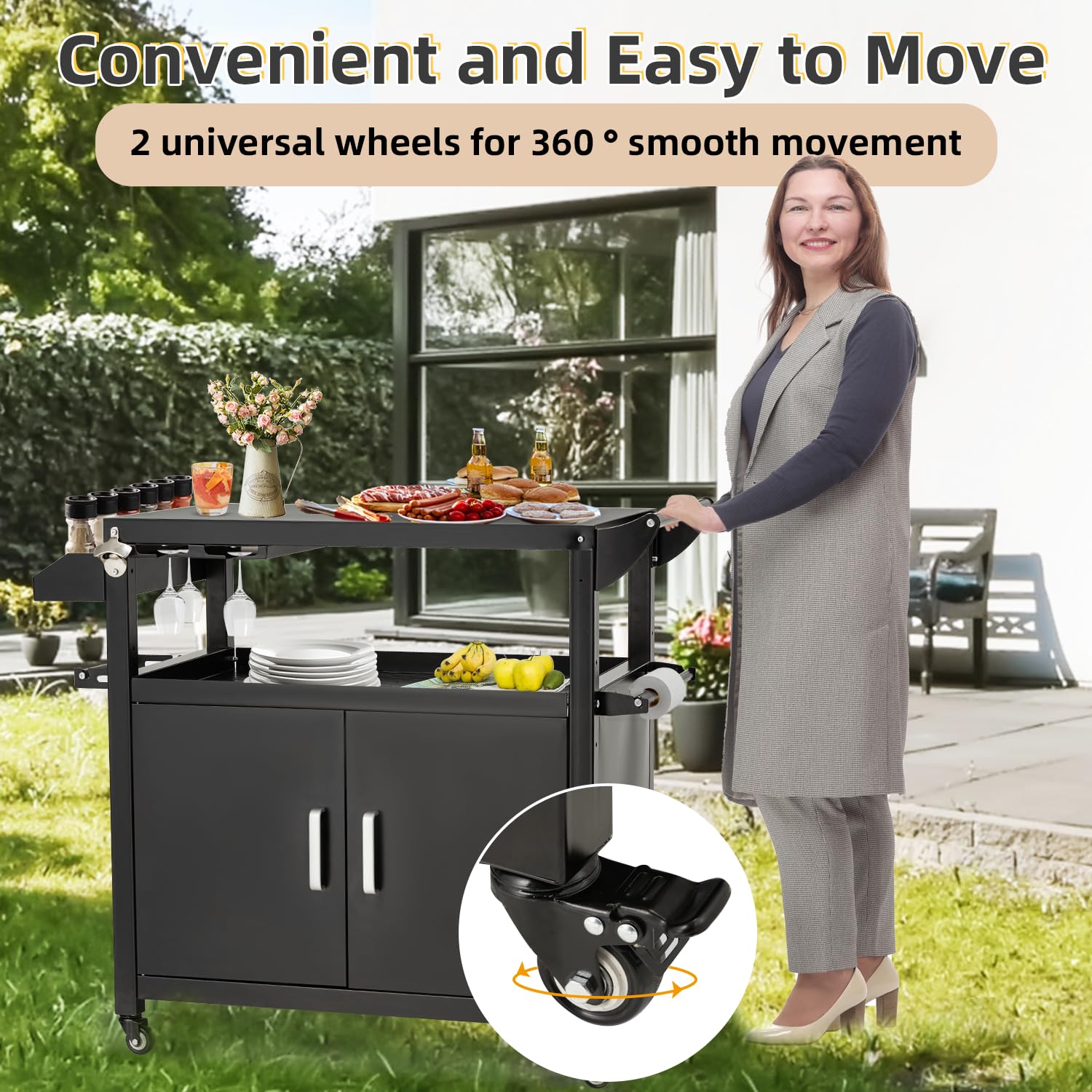 JFHID Outdoor Grill Cart Kitchen Storage Cabinets Island with Wheels Buffet Prep Tables for Outside Steel BBQ Bar Carts for Patio Serving Tables Cooking Station Countertops for Grilling Supplies