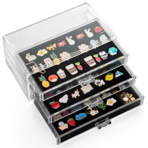 spakown pin display case, 3 drawers enamel pin display box dustproof pin collection display holder pin organizer for collectors (black)