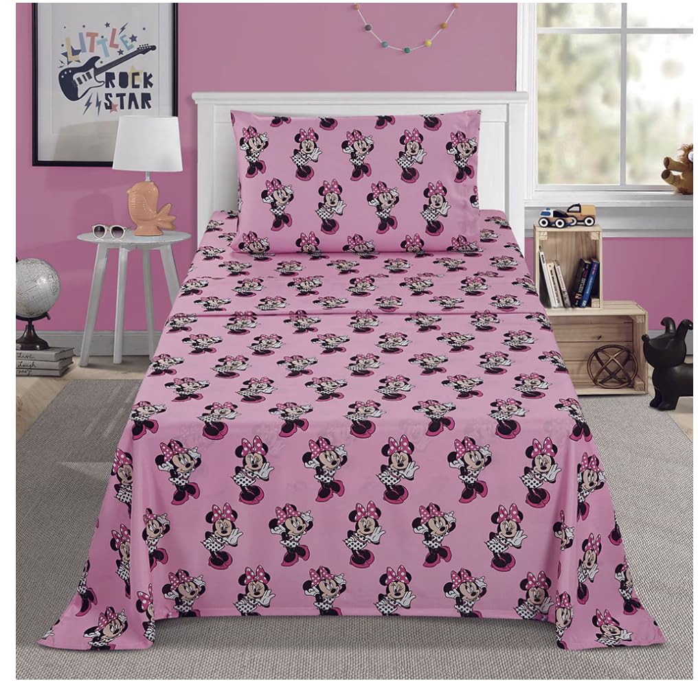 Jay Franco Twin Size Sheet Set 3 Pieces Kids Set (Minnie Mouse), Pink, Black, JF14545