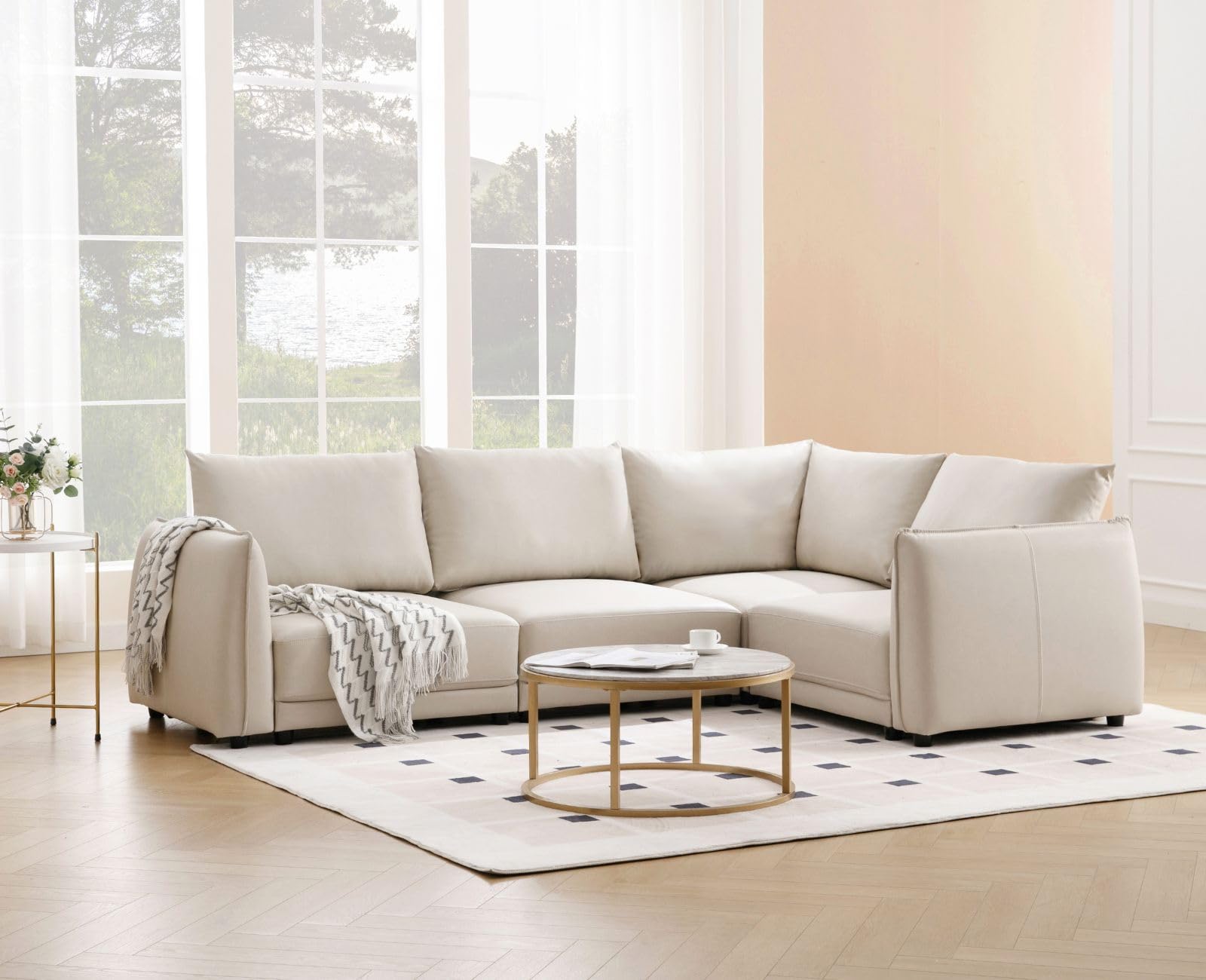 DAYALANE L Shaped Sectional Sofa, PU Leather Modular Covertible Sectional Couch with Arms, Modern Deep 4 Seat Couch Upholstered Sofa for Living Room, Studio, Office, Apartment, Off White