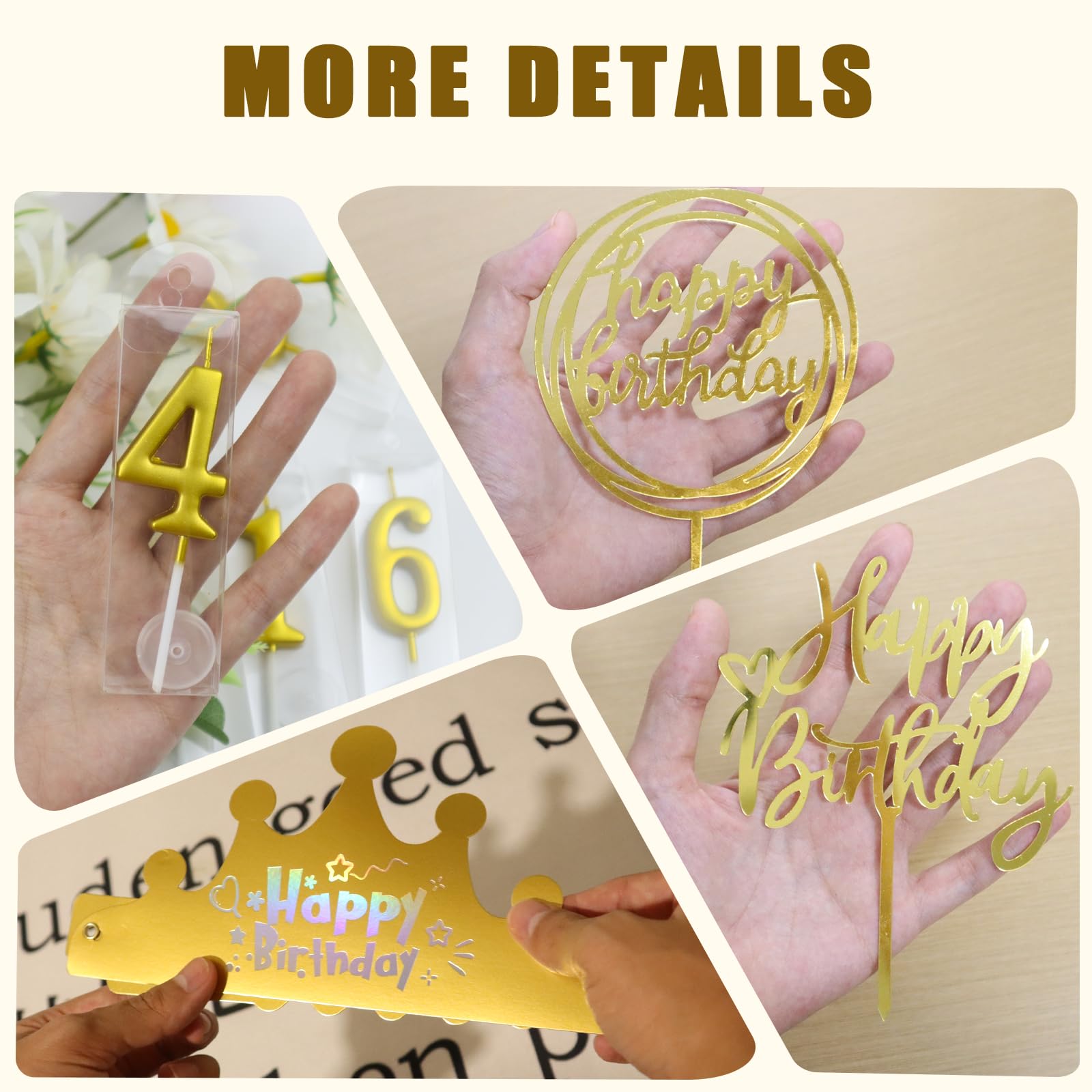 Chanseen 13Pcs Gold Birthday Cake Candles Topper Crown Set - Gold Number Candles 0 1 2 3 4 5 6 7 8 9, 2Pcs Gold Birthday Cake Toppers and Gold Birthday Paper Crown Hat for Decoration Party Celebration