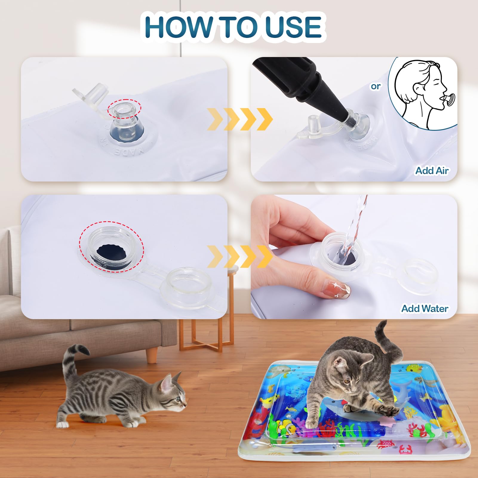 Upgraded Water Sensory Playmat for Cats, Thickened Cat Dog Toys Bored Pet Animals Cat Kicker Toys Self Play Mat Interactive Pet Water Sensory Mat Pad Pet Cooling Mat Indoor Outdoor Exercise Rectangle