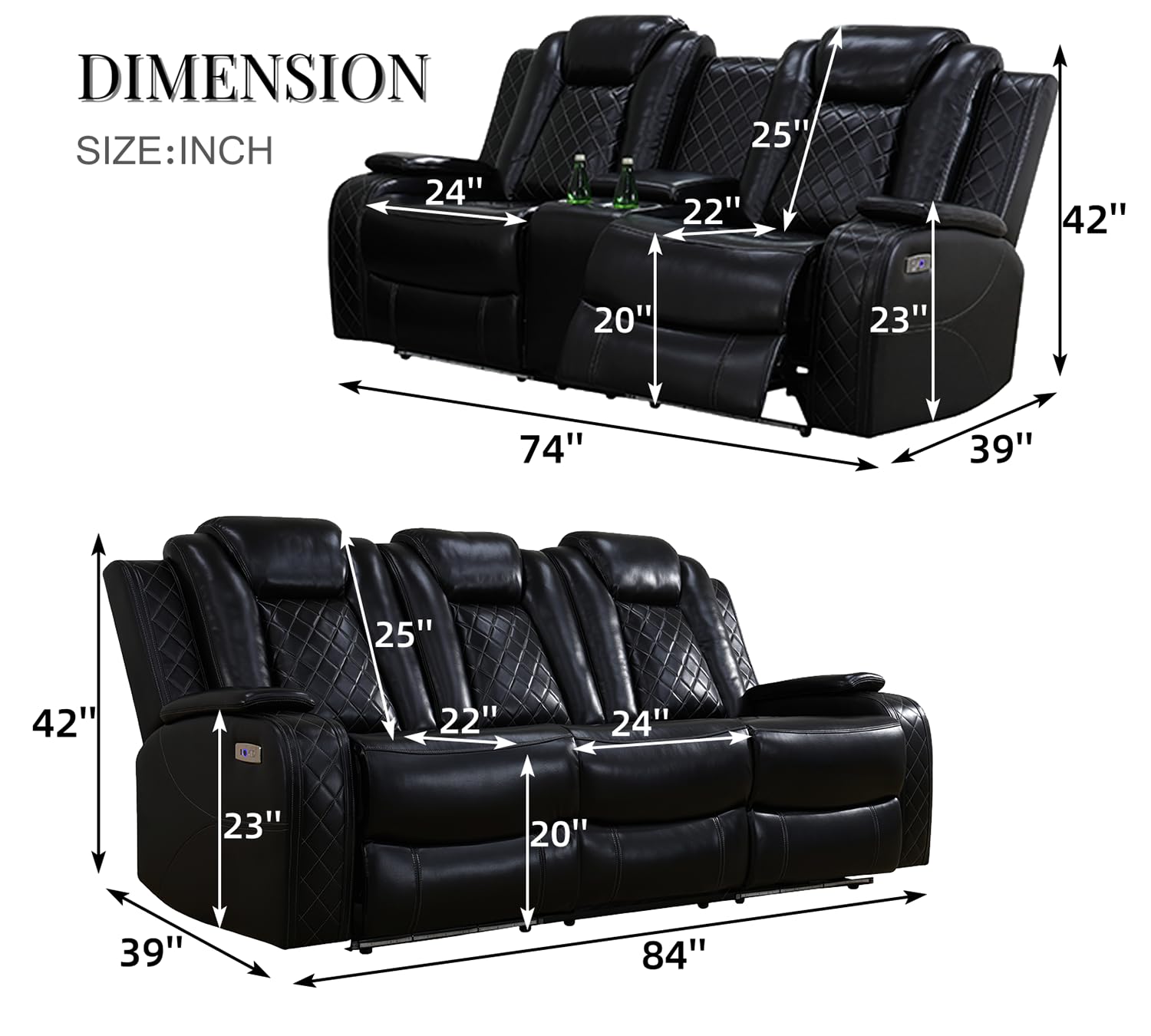 Caberryne Leather Recliner Sofa Set with LED Lights,Power Reclining Sofa and Loveseat Set with USB Port/Wireless Charger/Cup Holder for Living Room/House/Home Theater(2 Piece Set,Black)