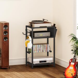 Snughome 4-Tier AV Media Stand, Audio Video Rack with 3 Hooks and Fabric Bags, DVD Video Game Storage Shelves Record Player Stand Entertainment Center Stand Media Stereo Cabinet