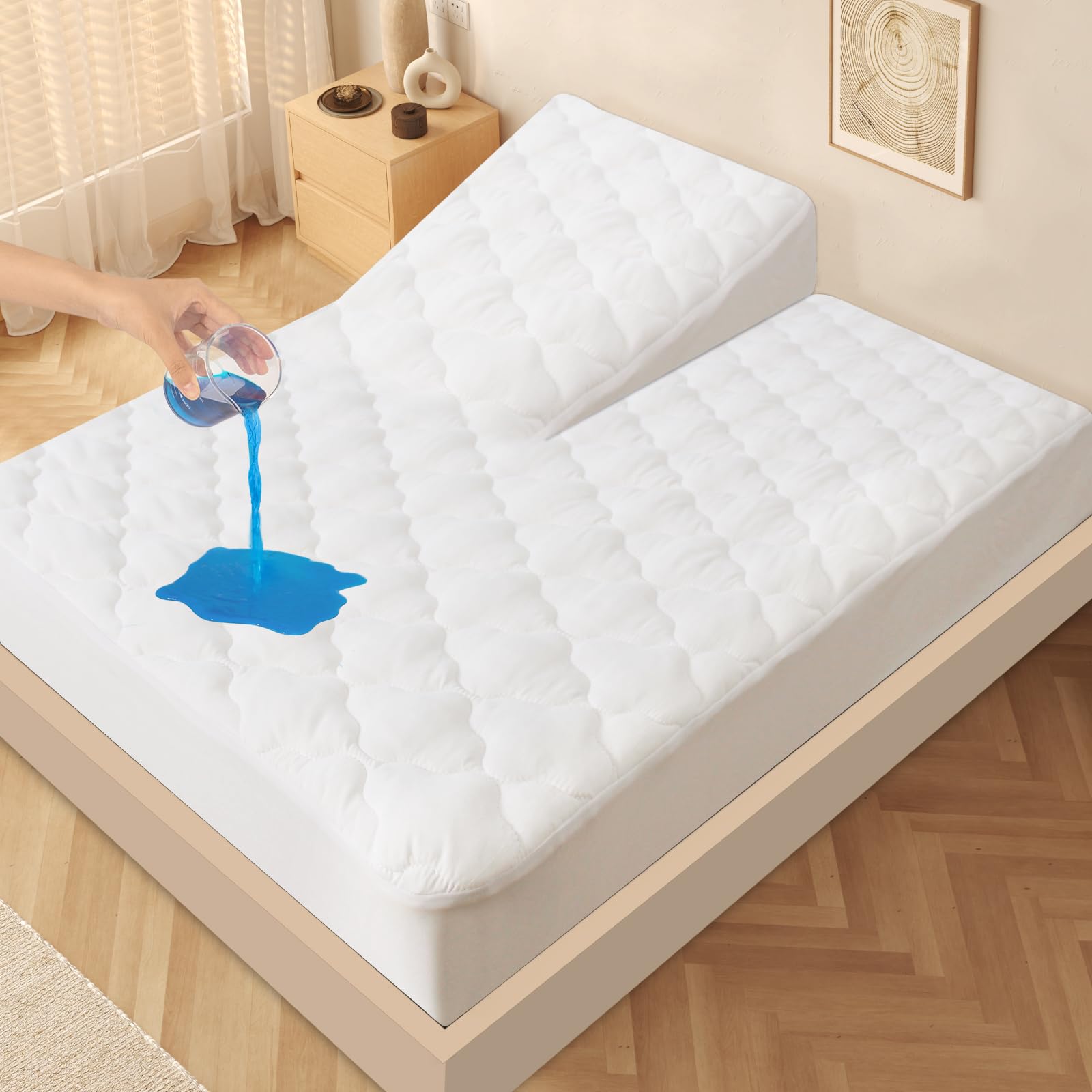 Split Top King Mattress Protector Pad Waterproof Quilted, 34" Top Split from Head, Breathable Split Top King Mattress Topper Cover Fitted for Adjustable Bed with Deep Pocket Up to 18", (White)