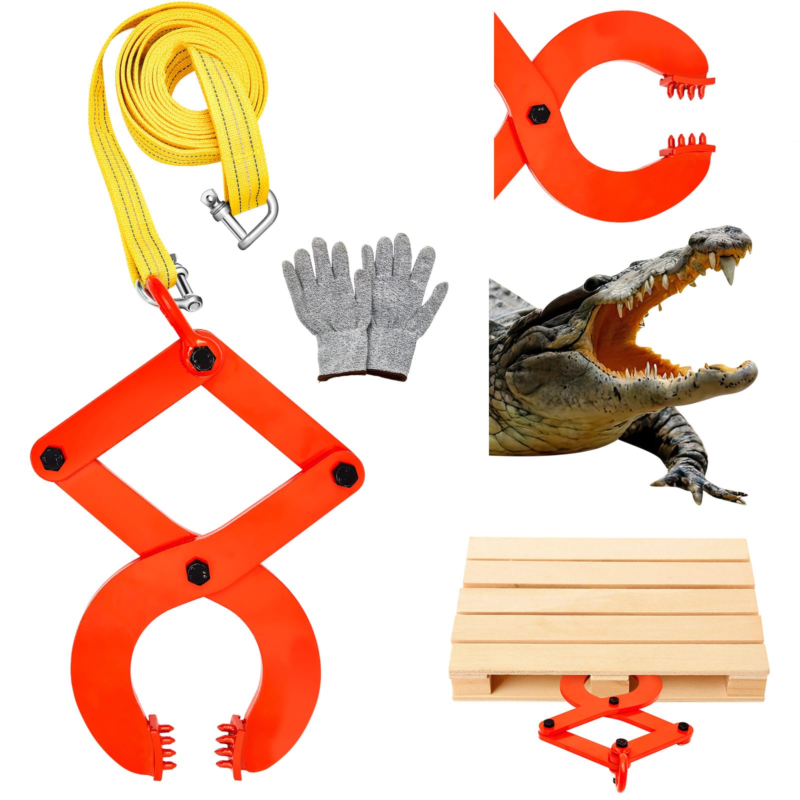 Wowangce Truck Pallet Puller Clamp Kit 1t/2205lbs Pallet Puller Clamp Truck Pallet Pulling Scissor Grabber Hook and 2" x 13.1ft Tow Strap Nylon Webbing with Gloves for Pulling Pallets Wood Heavy Thing