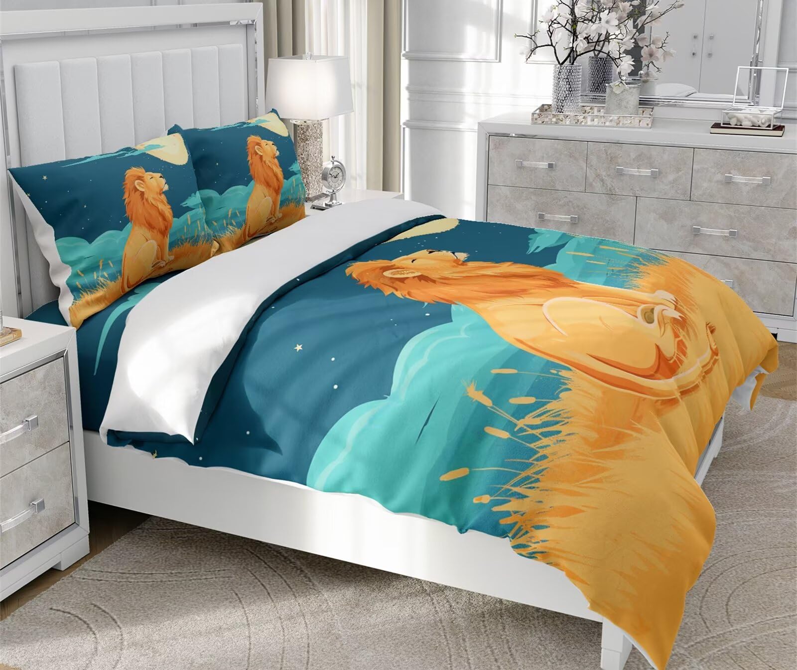 Moinlizy 3D Lonly Lion and Moon Printed Duvet Cover Set Bedding Sets Twin Size with 1 Piece Duvet Cover 2 Pieces Pillow Cases Ultra Durable Microfiber No Comforter