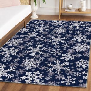 artoid mode navy blue snowflakes christmas area rug, xmas winter home decor low-profile washable area rugs for entryway bedroom living room laundry room indoor 5x7 feet