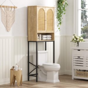 rattan over the toilet cabinet with metal stand, over the toilet rack cabinet with adjustable shelf, bathroom organizer with storage, tall boho standing wood washer shelf, curved cupboard, natural