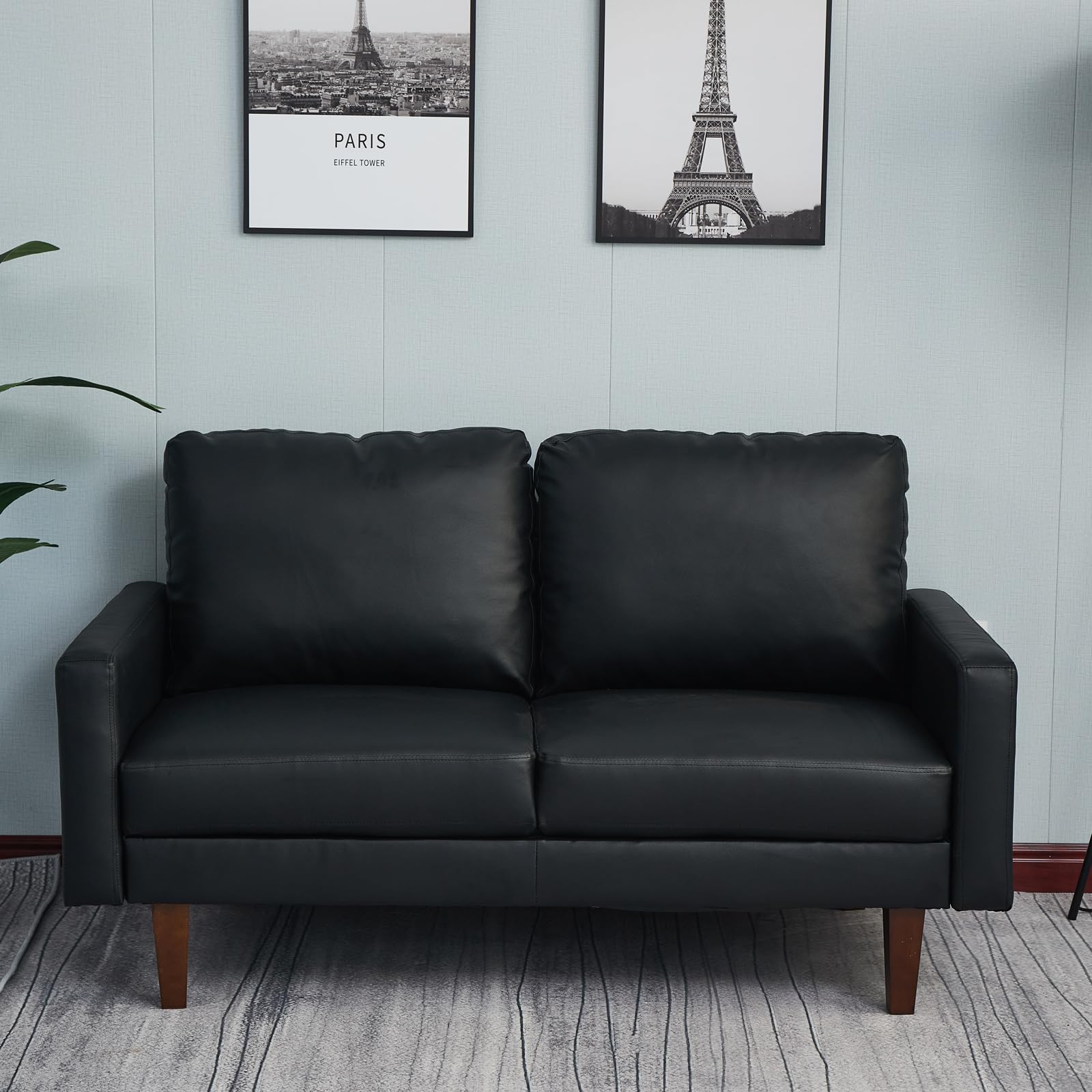 Hybition Faux Leather Loveseat Mid-Century Modern Sofa with Wooden Legs for Living Room, Office-Black