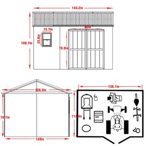 MUPATER 10 ft x 12 ft Outdoor Wood Shed with Metal Roof, Lean-to Storage shed Garden Furniture Tools with Lockable Door and Vents for Garden, Patio