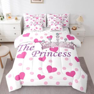 7 Pieces The Crown Comforter Set Twin, Fashion Princess Crown Bedding for Kids Girls, Rose Pink Hearts Dots Print Bed Set(1 Comforter,1 Fitted Sheet,1 Flat Sheet,2 Pillowcases,2 Throw Pillow Cover)