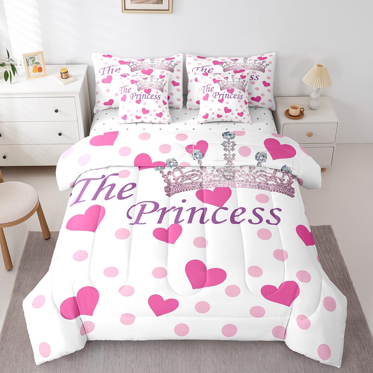 7 Pieces The Crown Comforter Set Twin, Fashion Princess Crown Bedding for Kids Girls, Rose Pink Hearts Dots Print Bed Set(1 Comforter,1 Fitted Sheet,1 Flat Sheet,2 Pillowcases,2 Throw Pillow Cover)